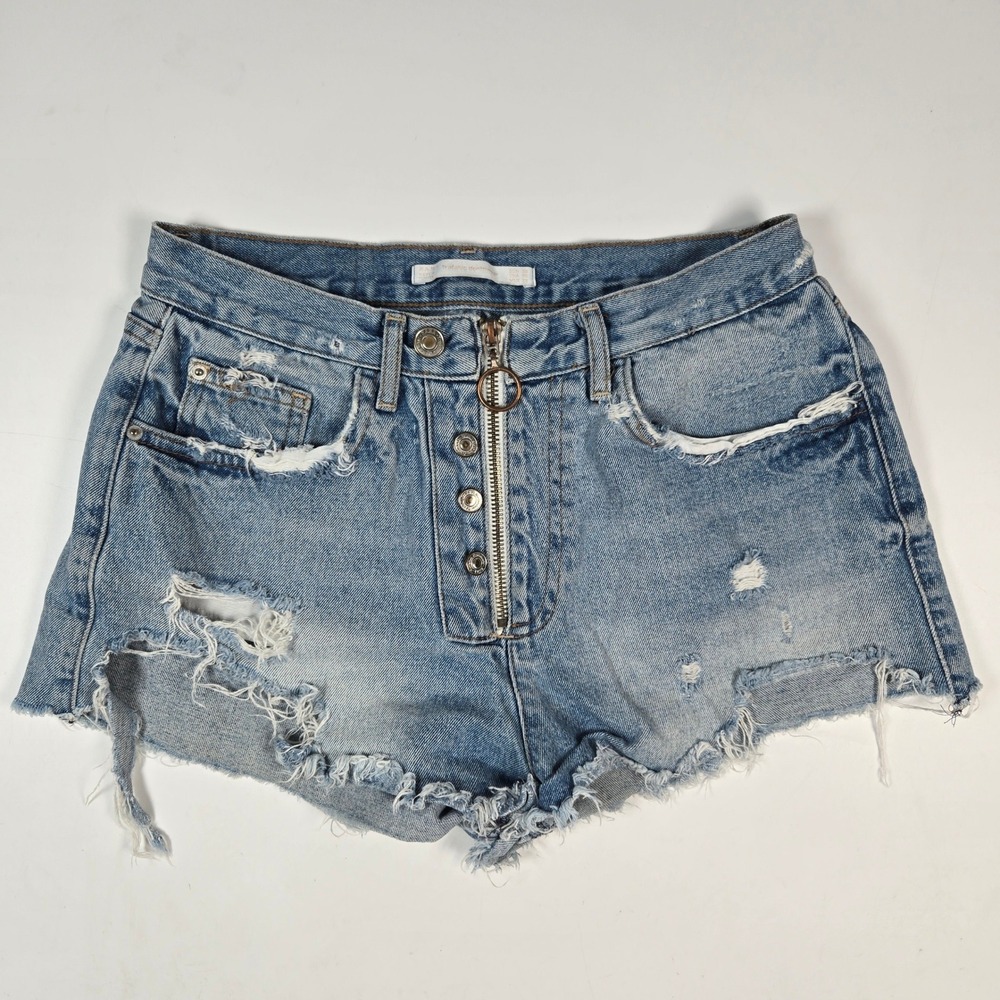 Zara‎ Denim Shorts Womens 6 Blue Distressed Ripped High Waist Ring Boho Festival